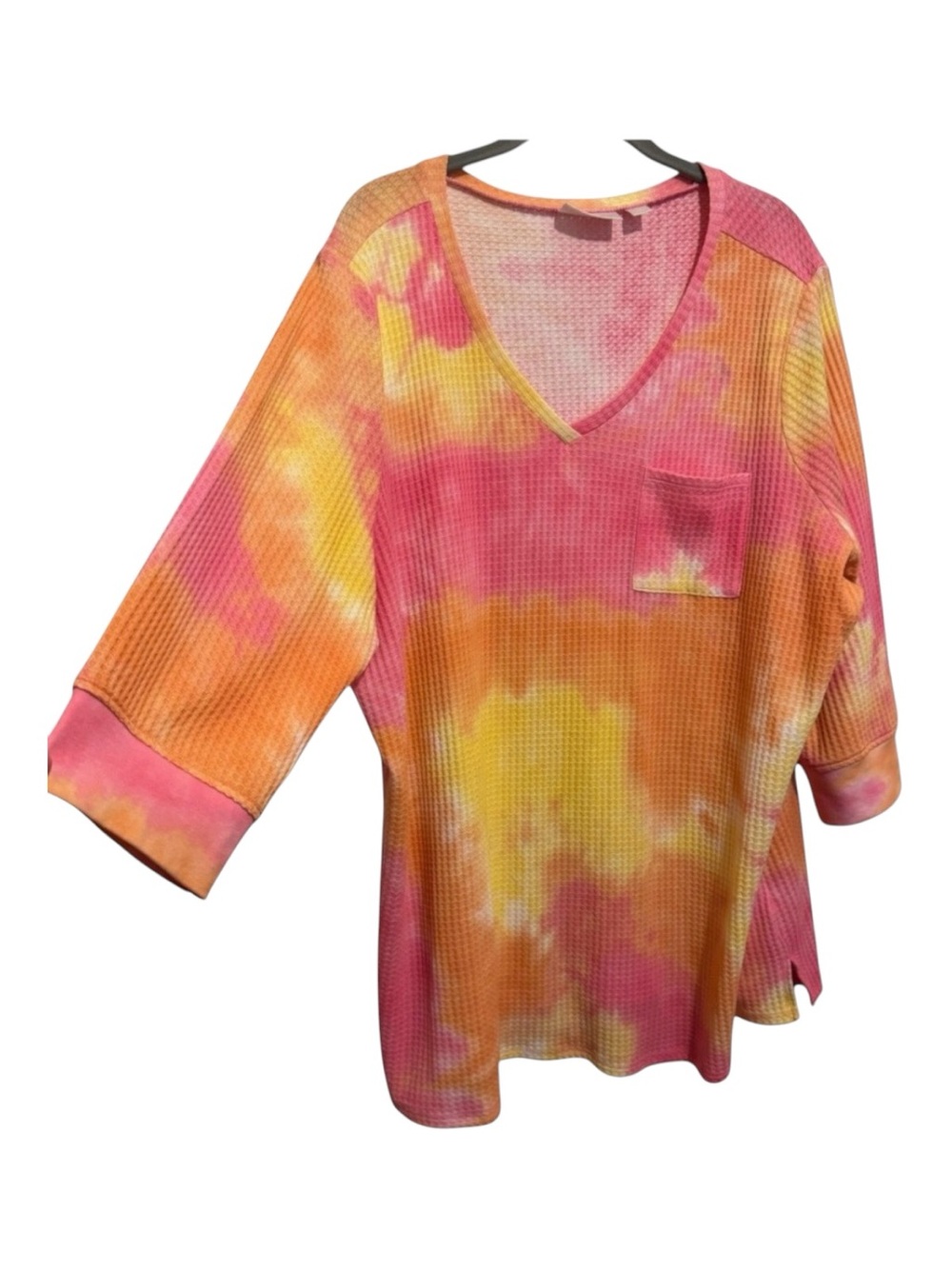 Belle by Kim Gravel Top Women's 2X Pink Orange Tie Dye Waffle Knit Boho Hippie